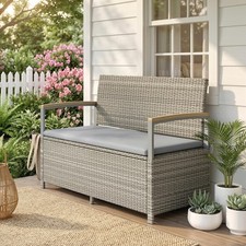 170 L Garden Storage Bench, 2 Seat Rattan Garden Bench with Cushion, Light Grey