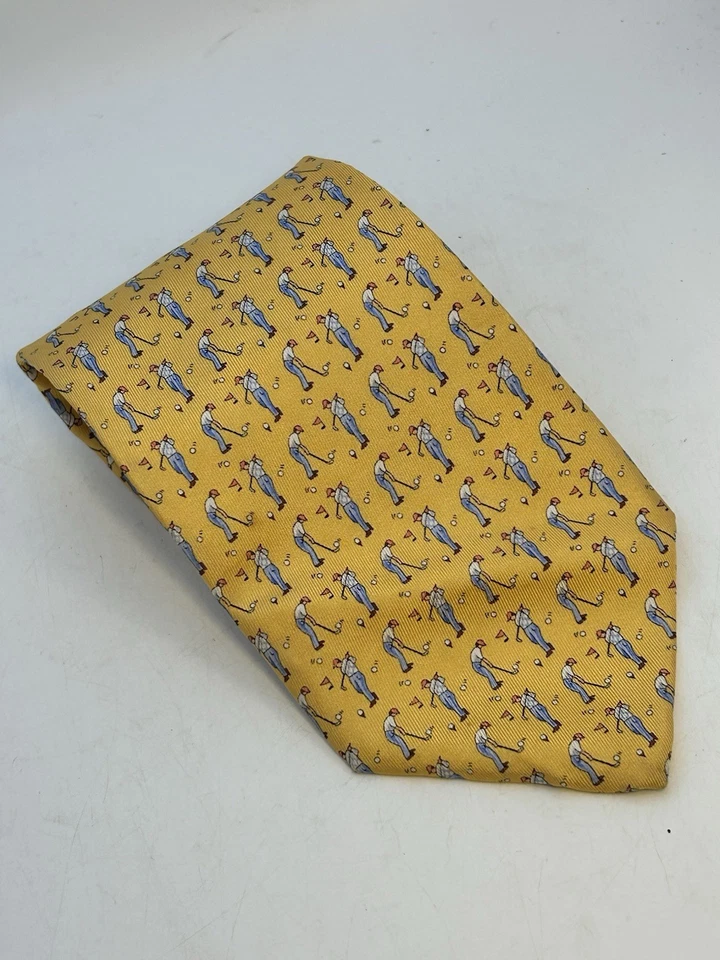 Joseph E Banks Hombre Corbata Cuello Preppy 100% Seda Hecha en EE. UU. Amarillo Golfista Estampado Foto 2 de 4