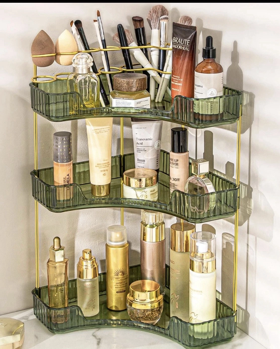 Makeup Organizer for Vanity, 3-Tier Corner Bathroom Organizer Countertop with...