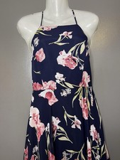 Lulus Dress Womens Medium Blue Floral Halter Maxi Sundress Crisscross Back