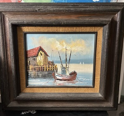 Vintage Fishing Boats Oil Painting: Sunset Harbor Scene Signed Framed On Canvas