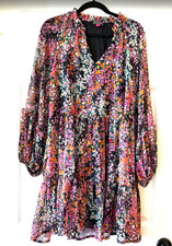 Vince Camuto L Tiered Ruffle Mini Dress Black Floral Chiffon Long Balloon Sleeve