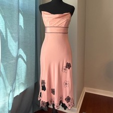 Express 100% Silk Blush Pink Slip Dress 2 Black Floral Embroidered Cowl Midi Y2K