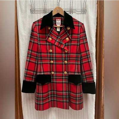 Mondi Red Plaid Double-Breasted Pea Coat size around S/M