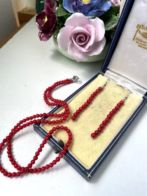 GORGEOUS MODERNIST 925 SOLID STERLING SILVER CORAL 20" NECKLACE EARRINGS SET - Image 1 of 4