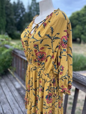 Knox Rose Yellow Boho Floral A-Line V-Neck Peasant Sleeve Dress Size XXL Rayon