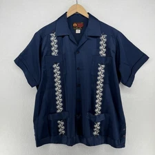 GUAYABERA Shirt Mens XL Capacabana Monarca Satin Paisley Loop Collar Blue VTG