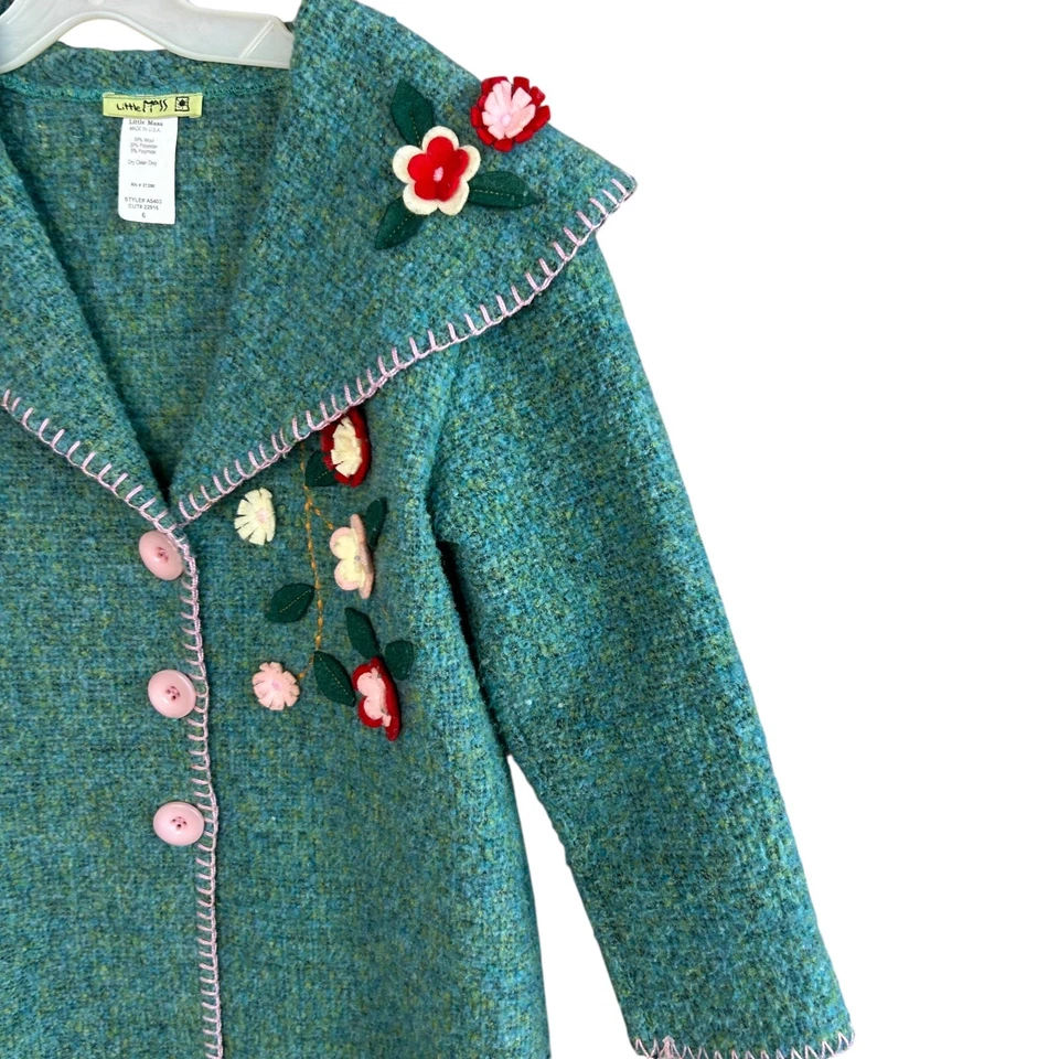Little Mass Girls Green Floral Felt Applique Tweed Coat Size 6 - Image 3 of 4