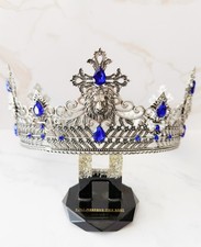 Silver Lion King Crown Blue Crystal Cross Medieval Royal Cosplay Wedding Prom