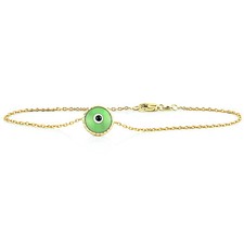 Handmade 14K Yellow Gold Evil Eye Bracelet 7.5 Inches - Green