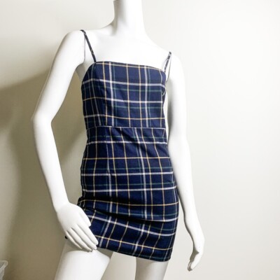 forever 21 blue gingham dress navy blue, green, and yellow plaid size M EUC Black Off Shoulders Ball