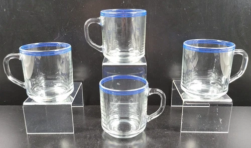 4 Arcoroc Blue Double Banded Mugs Clear Coffee Tea Drink Cups Cristal France Lot