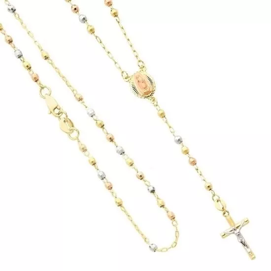 14k Tri Color Rosary Solid Gold Necklace Virgen de Guadalupe