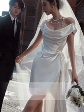 New White Satin Asymmetric Wedding Dress - Size M