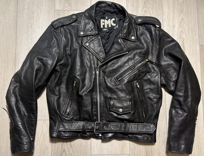 VTG 80s FMC Black Leather Ramones Style Belted Motorcycle Jacket Mens XL 48 Punk