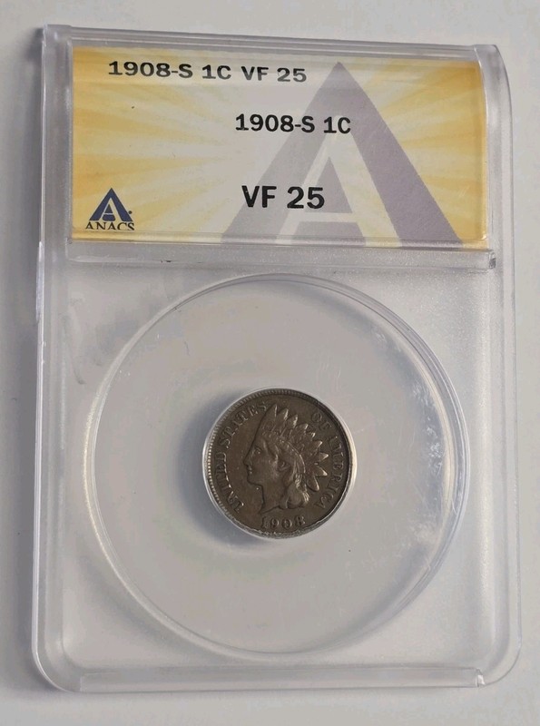 1908-S Indian Head Cent Semi-Key ANACS VF25