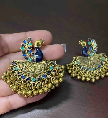 Boho Peacock Earrings   Gold Tassel Statement Jewelry, Vintage Festival Look 