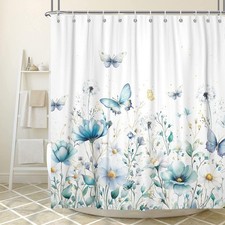 Teal Rustic Floral Shower Curtain, Cute Boho Botanical Flower Butterfly Aesth...