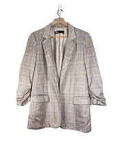 Zara Blazer Women’s M Plaid Gray Faux Suede Ruched Sleeve Long Line Open Front