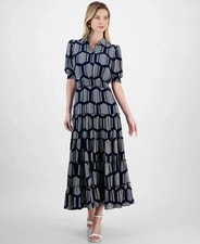 T Tahari Women's Smocked-Trim Elbow-Sleeve Tiered Maxi Dress Navy White XL