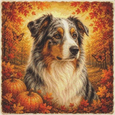 Australian Shepherd Welpe Hund im Herbst. Kreuzstich gezählt