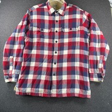 LL Bean Mens Fleece Lined Flannel Shirt Jac Red White Blue Plaid Medium 250393