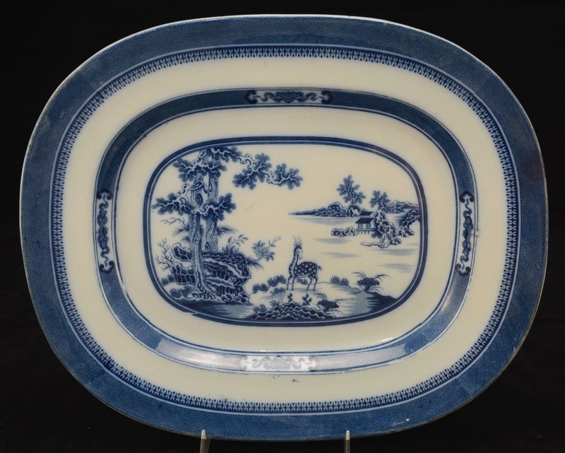 Antique Thomas Dimmock Blue Staffordshire 17" Platter Chinese Nanking Stag 1840