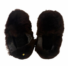 Black Alpaca Fur Slip-On Slippers Fur Trim Closed Toe Flat Handmade Peru