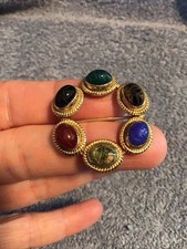 Vtg Scarab Brooch 12k Gold Filled Blue Red Black Circle Multi Egyptian Revival
