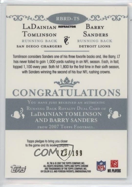 2007 Chrome Running Back Royalty Refractor Barry Sanders LaDainian Tomlinson HOF - Image 2 of 2