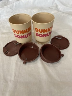 2 Dunkin Donuts Plastic Coffee Travel Mug Cup with Lid & Dash Base USA Made