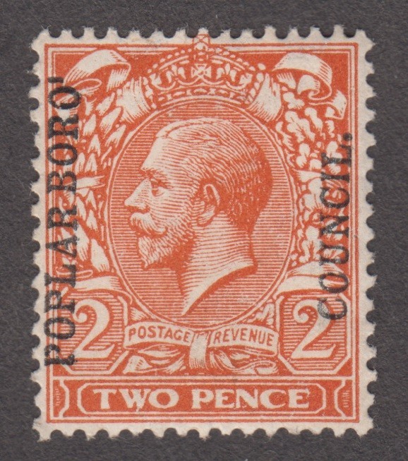 GB KING GEORGE V 1913. 2d. PALE ORANGE. POPLAR BORO. COUNCIL OVERPRINT. Sc 162a