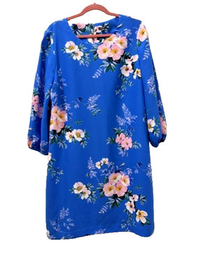 Ann Taylor Shift Dress Size 14 Blue Pink Floral Pullover Back Keyhole 3/4 Sleeve