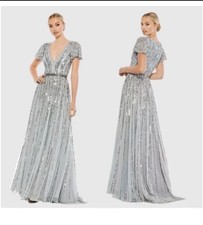 Mac Duggal Silver Sequin Mesh A-Line Maxi Dress Women’s Size 16 Formal