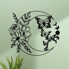 Moon Butterfly Metal Wall Decor, Boho Wall Art, Flower Wall Art for Indoor