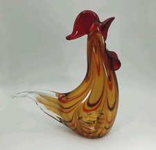 Murano Style Art Glass Rooster Figurine   Hand Blown Amber Red Striped Bird...