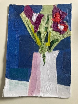 Vintage Collage Kunstwerk Abstrakt Blumen Stillleben Taschentuch Relief auf Karte