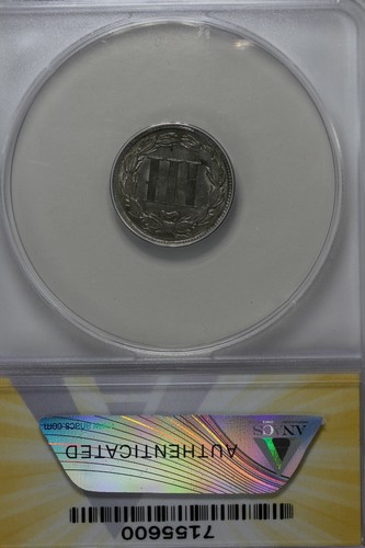 1865 .03 ANACS AU 55 Three Cent Nickel, Liberty Three Cent Piece - Picture 2 of 2