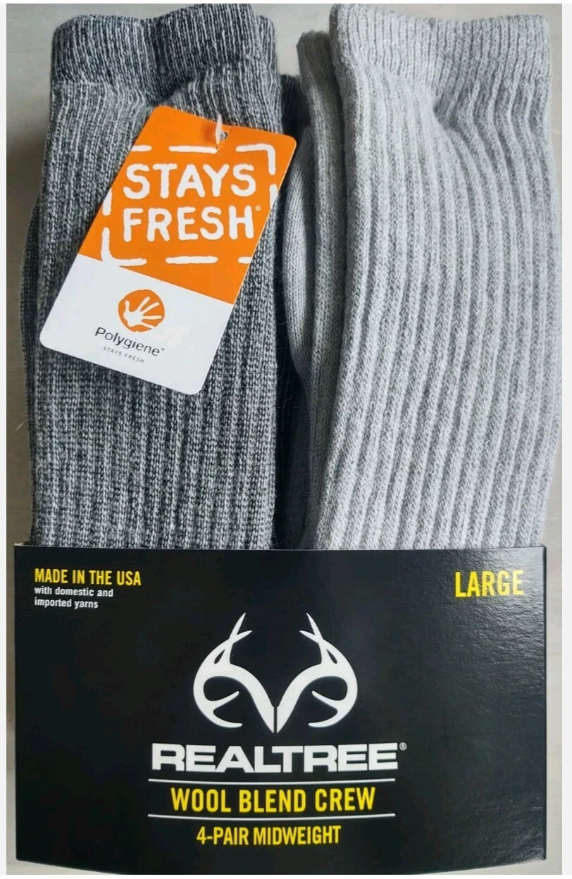4 Pairs Of REALTREE Wool Blend Crew Socks Large Gray Size 9-12