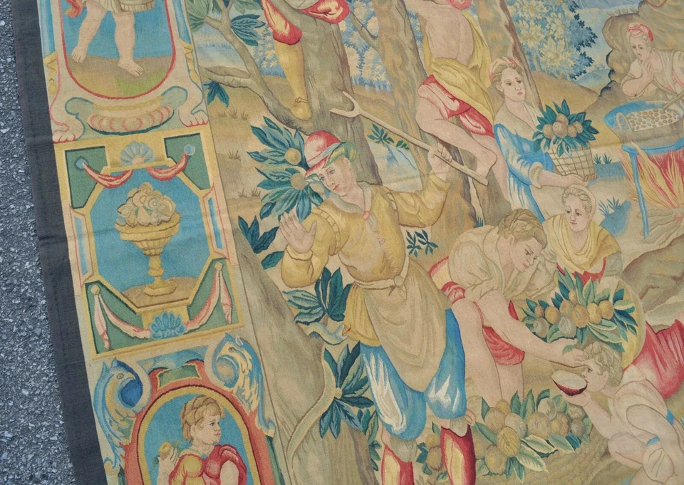 Wool Aubusson Harvest Tapestry Handwoven French Gobelins Weave Wall Art 81x91 in - Image 4 of 4