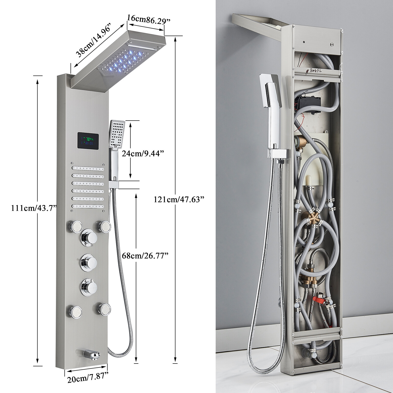 Stainless Steel LED Shower Panel Tower Massage System with Jets