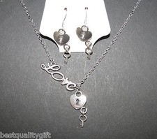 NEW 2 PC SET SILVER TONE STAINLESS STEEL "LOVE" HEART LOCK+KEY NECKLACE+EARRINGS