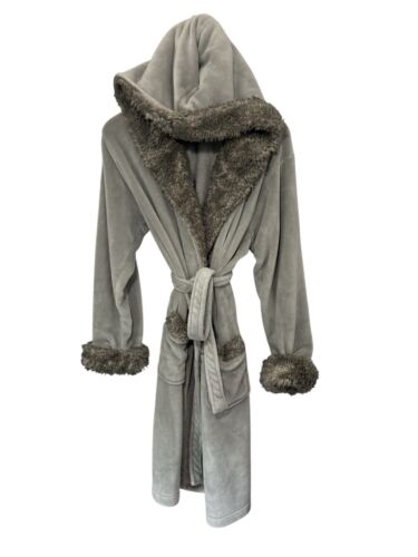 Pottery Barn Faux Fur Teddy Hooded Gray Belted Wrap Robe (M)