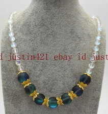 Pretty 6mm White&10mm Gray Gleamy Rainbow Moonstone Round Gemstone Necklace 18''