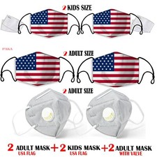 6X KIDS ADULT Family PACK Face Mask With 2 PM2.5 Filters - USA FLAG