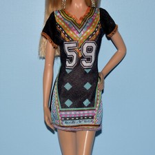 Genuine Barbie Short Black Dress w/ Teal Blue, Orange, White, Pink "59" Print