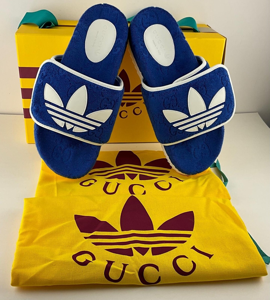 GUCCI MENS SHOES ADIDAS X GG BLUE COTTON SPONGE PLATFORM SANDAL SLIDE sz 9 9.5 Gucci x Adidas Men main image 4