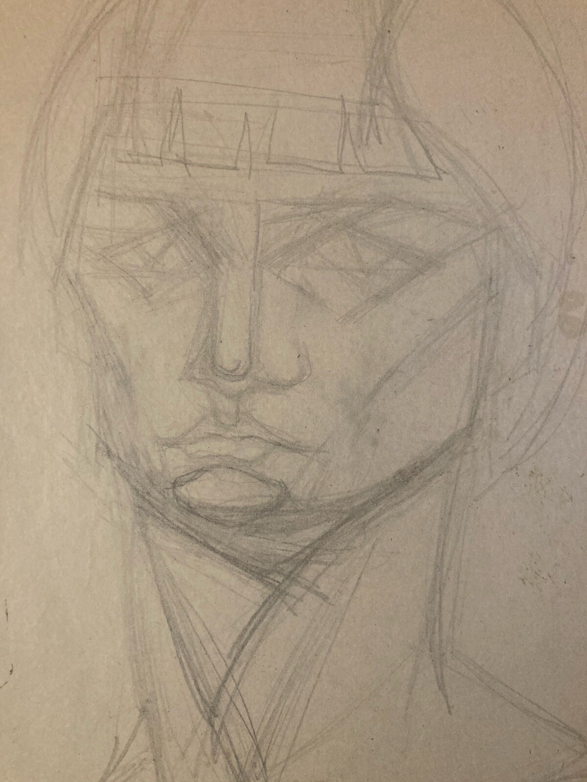Antique 1950 Cubist Drawing Old Lead Mine Woman Art Cubism Head Bust Pencil