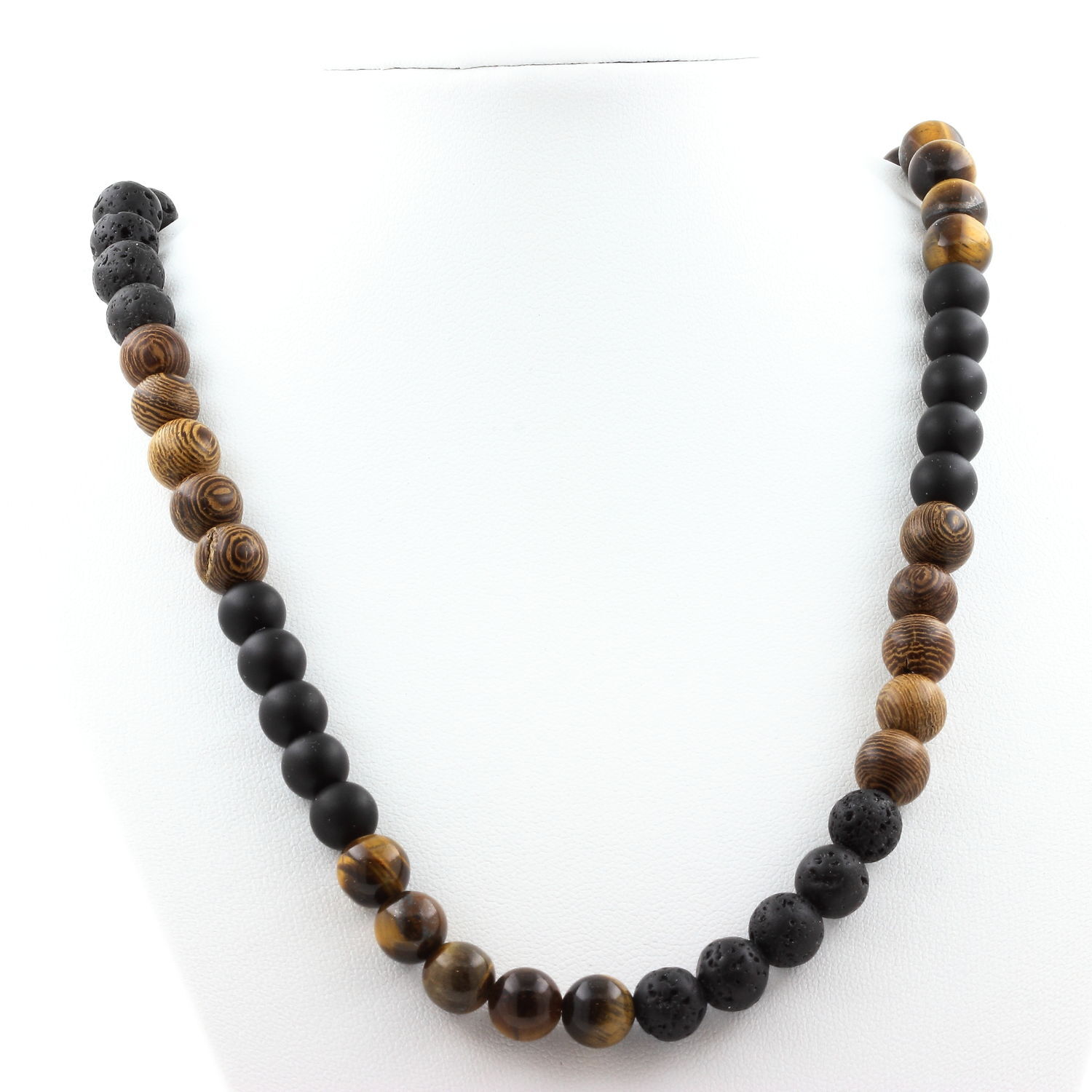 Collier en pierres de lave et oeil de tigre 8mm avec chaine acier