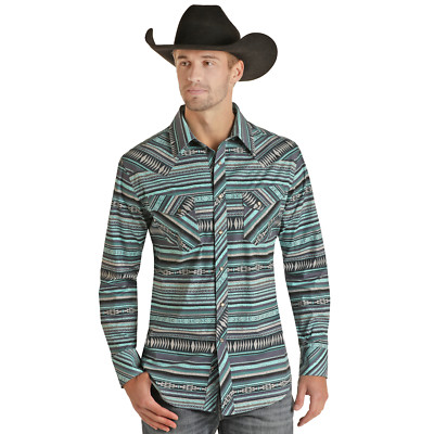 Rock & Roll Men's Long Sleeve Aztec Blue Snap Shirt RRMSOSRZ1G-45